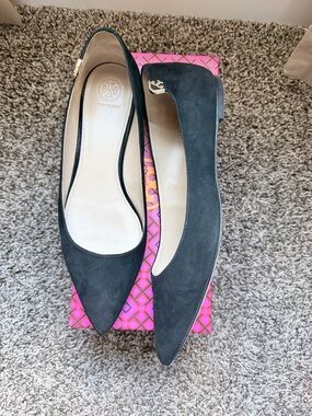 Tory Burch Black Suede Pointed-Toe Flats with Gold Logo Accent